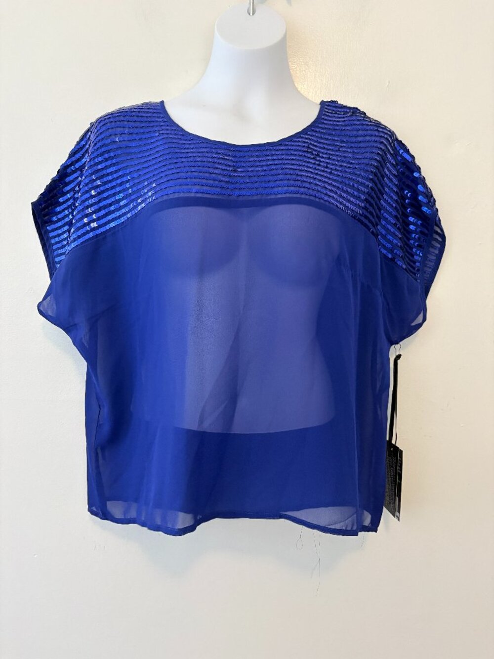 Cowgirl Tuff Sapphire Blue Off The Shoulder Sheer Blouse Sequin Size Large